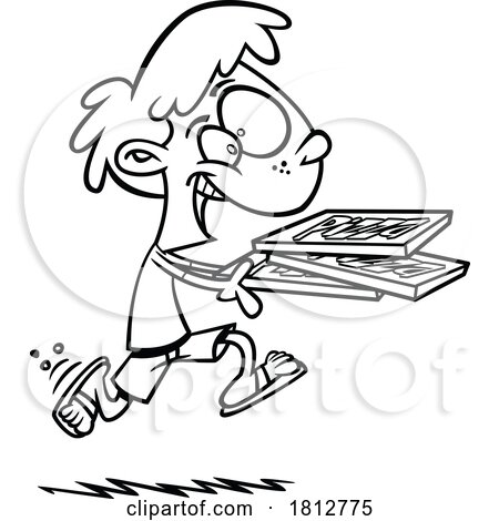 Boy Running with Pizza Black and White Cartoon by toonaday