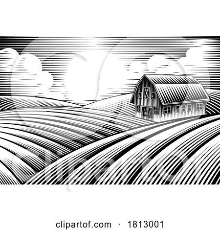 Farm Barn and Rolling Hills Vintage Woodcut Style by AtStockIllustration