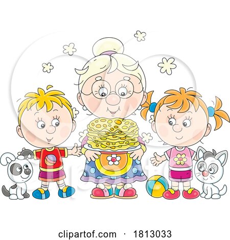Granny Serving Pancakes to Children Licensed Clipart Cartoon by Alex Bannykh