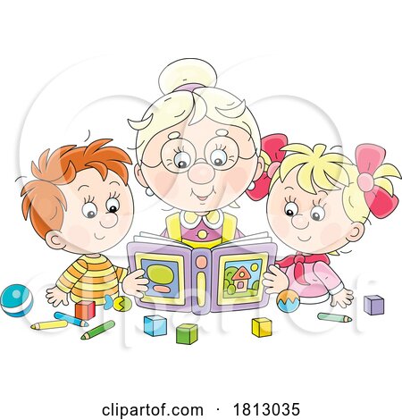 Granny Reading with Children Licensed Clipart Cartoon by Alex Bannykh