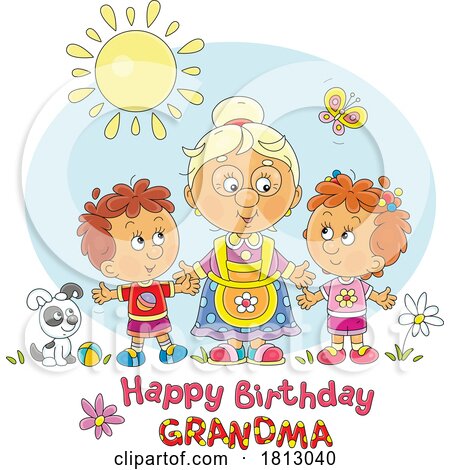 Happy Birthday Grandma Granny with Children Licensed Clipart Cartoon by Alex Bannykh