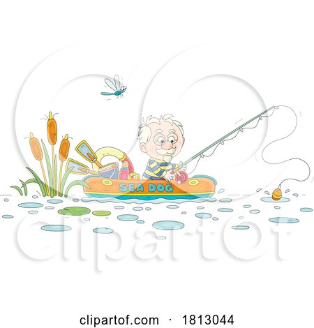 Grandpa Fishing in a Raft Licensed Clipart Cartoon by Alex Bannykh