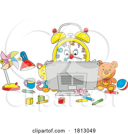 Alarm Clock Mascot on a Computer Licensed Clipart Cartoon by Alex Bannykh