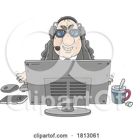 Evil Secret Intelligence Agent at a Computer Licensed Clipart Cartoon by Alex Bannykh