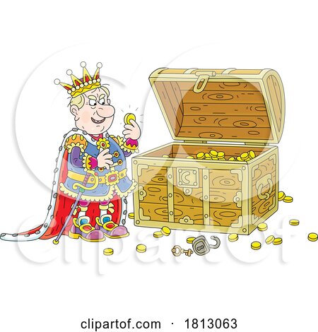 Greedy King Counting Coins in a Treasure Chest Licensed Clipart Cartoon by Alex Bannykh