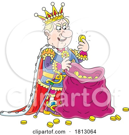 Greedy King Counting Coins in a Sack Licensed Clipart Cartoon by Alex Bannykh