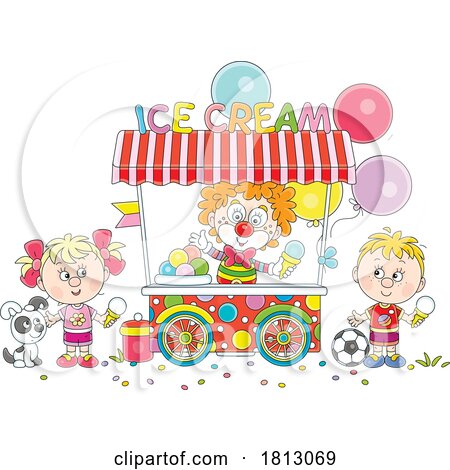 Clown Serving Ice Cream to Kids Licensed Clipart Cartoon by Alex Bannykh