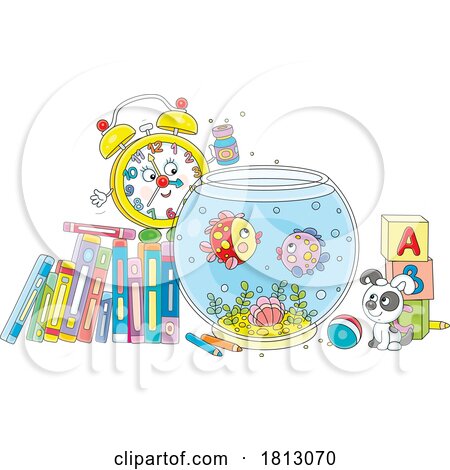 Alarm Clock Mascot Feeding Fish Licensed Clipart Cartoon by Alex Bannykh