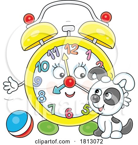 Alarm Clock Mascot Playing with a Puppy Licensed Clipart Cartoon by Alex Bannykh