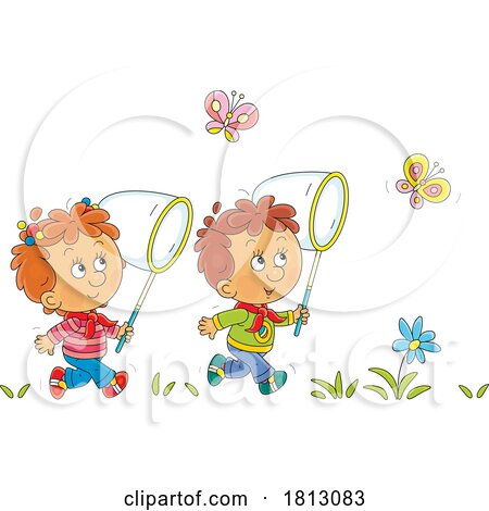 Children Chasing Butterflies Licensed Clipart Cartoon by Alex Bannykh