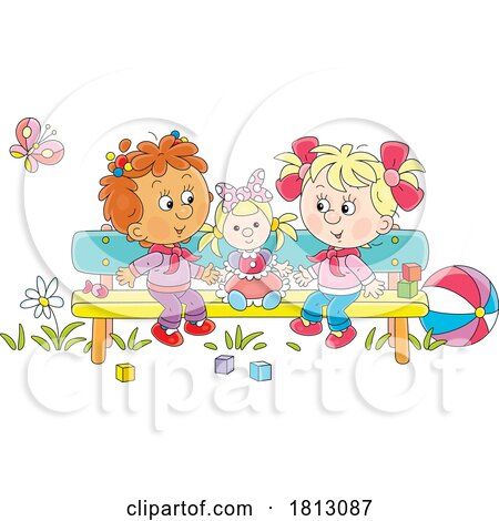 Girls with a Doll on a Bench Licensed Clipart Cartoon by Alex Bannykh