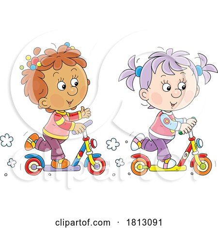 Girls Riding Kick Scooters Licensed Clipart Cartoon by Alex Bannykh