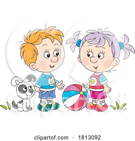 Children Playing with a Dog and Ball Licensed Clipart Cartoon by Alex Bannykh