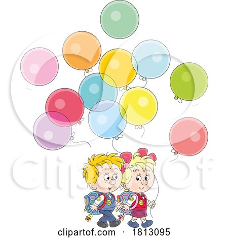 School Children Walking with Balloons Licensed Clipart Cartoon by Alex Bannykh