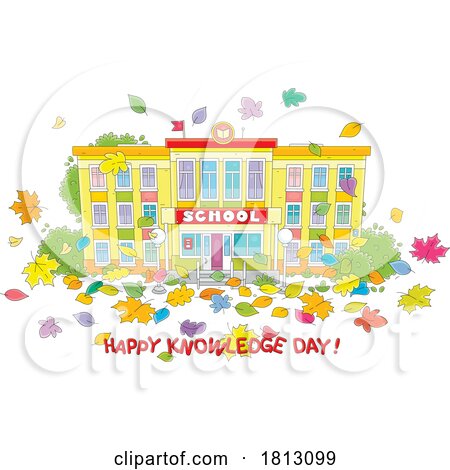 School Building and Happy Knowledge Day Text Licensed Clipart Cartoon by Alex Bannykh