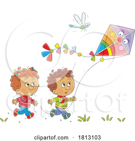 Children Flying a Kite Licensed Clipart Cartoon by Alex Bannykh