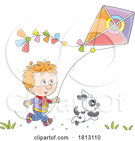 Boys Flying a Kite with a Dog Licensed Clipart Cartoon by Alex Bannykh