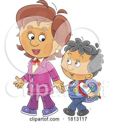 Teacher or Mom Walking with a Student Licensed Clipart Cartoon by Alex Bannykh