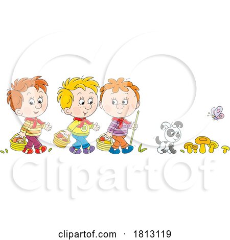 Boys Mushroom Hunting with a Dog Licensed Clipart Cartoon by Alex Bannykh