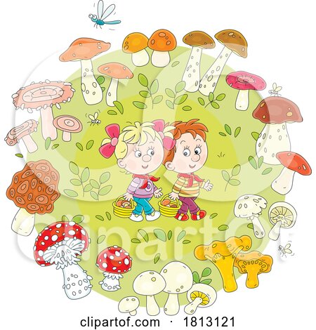 Children Mushroom Gathering Licensed Clipart Cartoon by Alex Bannykh