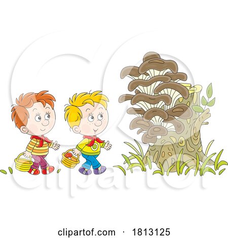 Boys Looking for Mushrooms Licensed Clipart Cartoon by Alex Bannykh