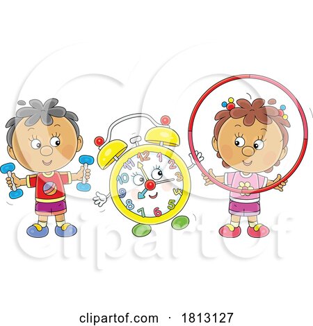 Children Exercising with a Clock Licensed Clipart Cartoon by Alex Bannykh