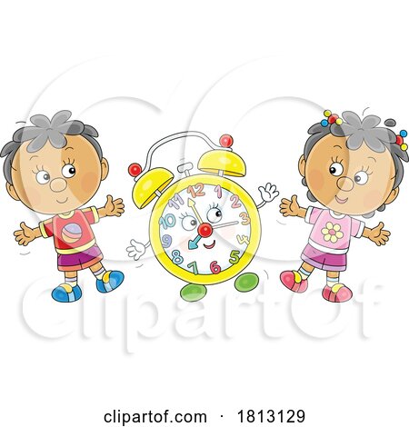 Children Dancing with a Clock Licensed Clipart Cartoon by Alex Bannykh