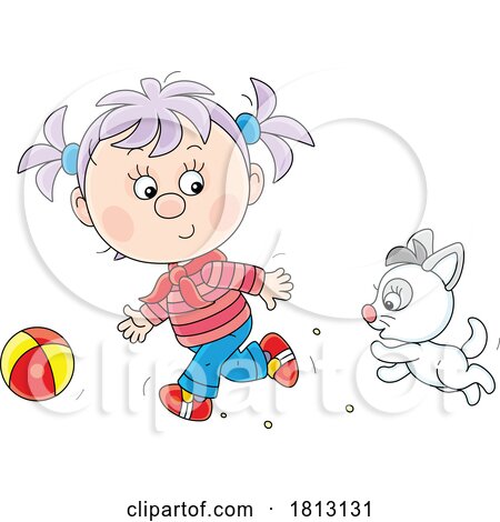 Girl and Kitten Chasing a Ball Licensed Clipart Cartoon by Alex Bannykh