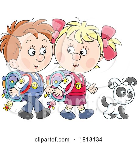 Puppy and Kids Walking to School Licensed Clipart Cartoon by Alex Bannykh