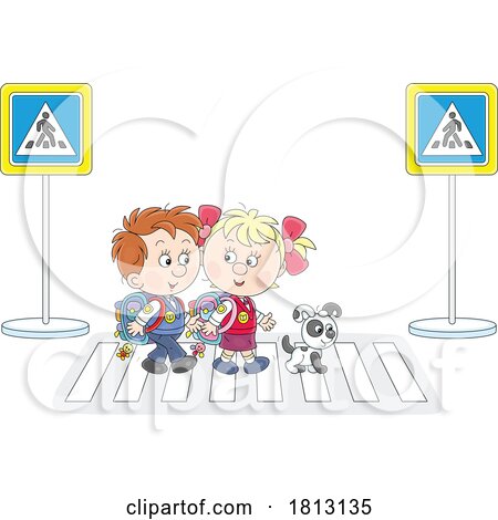 Dog and Kids Walking to School Licensed Clipart Cartoon by Alex Bannykh