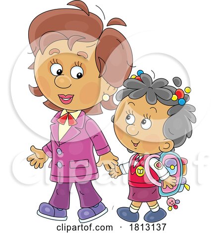 Teacher or Mom Walking with a Student Licensed Clipart Cartoon by Alex Bannykh
