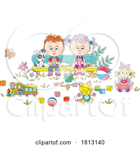 Children Using Cell Phones on a Bench Licensed Clipart Cartoon by Alex Bannykh