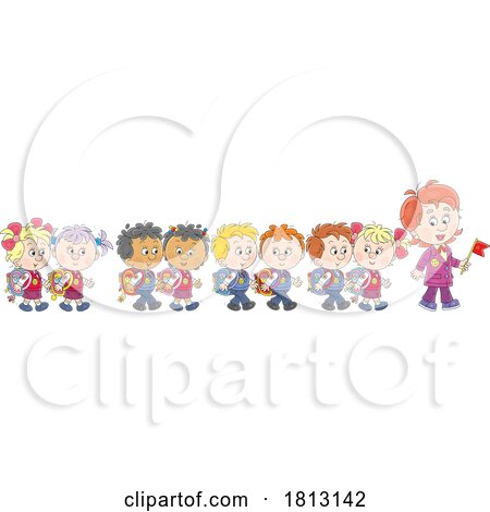 Teacher Leading a Line of Kids Licensed Clipart Cartoon by Alex Bannykh
