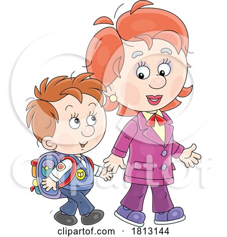 Teacher or Mom Walking with a Student Licensed Clipart Cartoon by Alex Bannykh