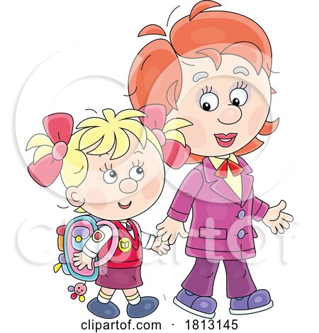 Teacher or Mom Walking with a Student Licensed Clipart Cartoon by Alex Bannykh