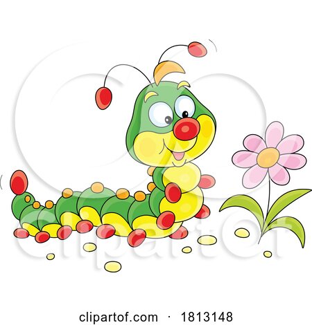 Happy Caterpillar at a Flower Licensed Clipart Cartoon by Alex Bannykh