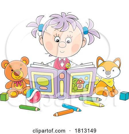 School Girl with a Coloring Book and Toys Licensed Clipart Cartoon by Alex Bannykh
