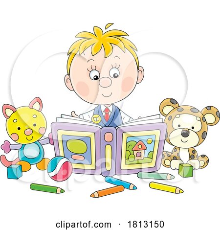 School Boy with a Coloring Book and Toys Licensed Clipart Cartoon by Alex Bannykh