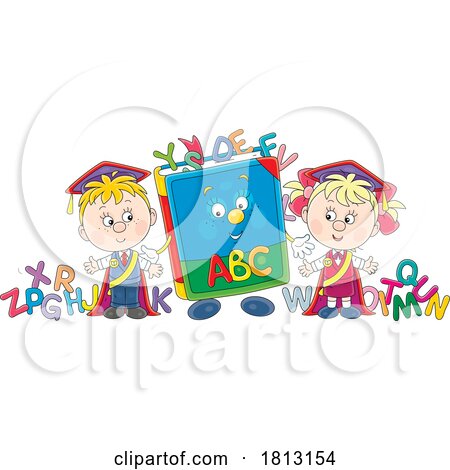 School Kids with an Alphabet Book Mascot Licensed Clipart Cartoon by Alex Bannykh