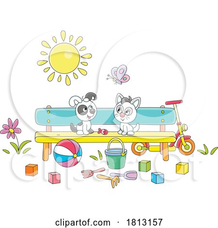 Puppy and Kitten on a Bench Licensed Clipart Cartoon by Alex Bannykh