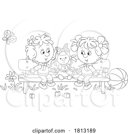 Girls with a Doll on a Bench Licensed Clipart Cartoon by Alex Bannykh