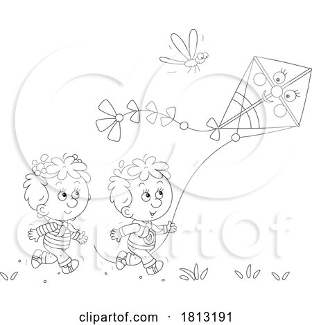 Children Flying a Kite Licensed Clipart Cartoon by Alex Bannykh