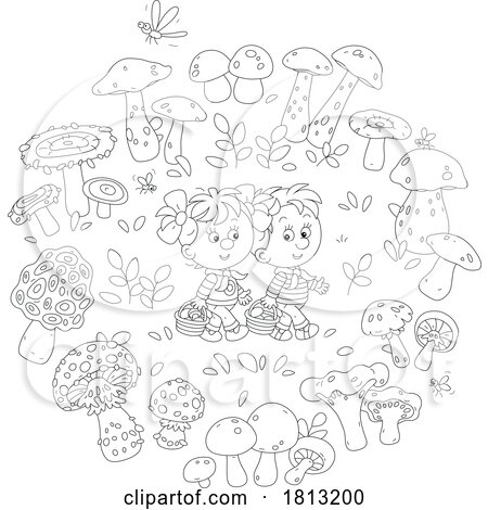 Children Mushroom Gathering Licensed Clipart Cartoon by Alex Bannykh