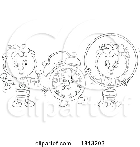 Children Exercising with a Clock Licensed Clipart Cartoon by Alex Bannykh