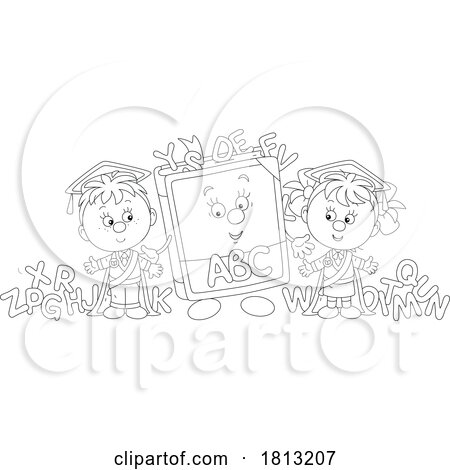 School Kids with an Alphabet Book Mascot Licensed Clipart Cartoon by Alex Bannykh