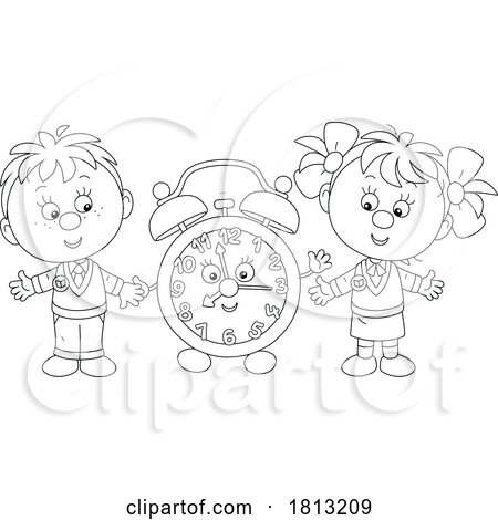 School Kids with an Alarm Clock Mascot Licensed Clipart Cartoon by Alex Bannykh