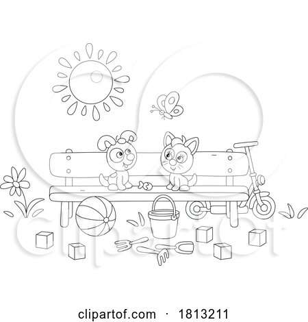 Puppy and Kitten on a Bench Licensed Clipart Cartoon by Alex Bannykh