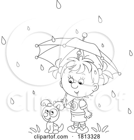 Puppy and Girl with Umbrella in the Rain Licensed Cartoon Clipart by Alex Bannykh