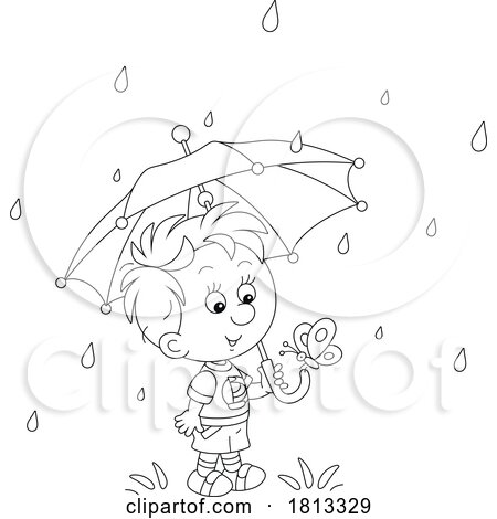 Boy with a Butterfly on His Umbrella in the Rain Licensed Cartoon Clipart by Alex Bannykh