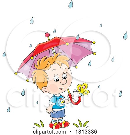 Boy with a Butterfly on His Umbrella in the Rain Licensed Cartoon Clipart by Alex Bannykh